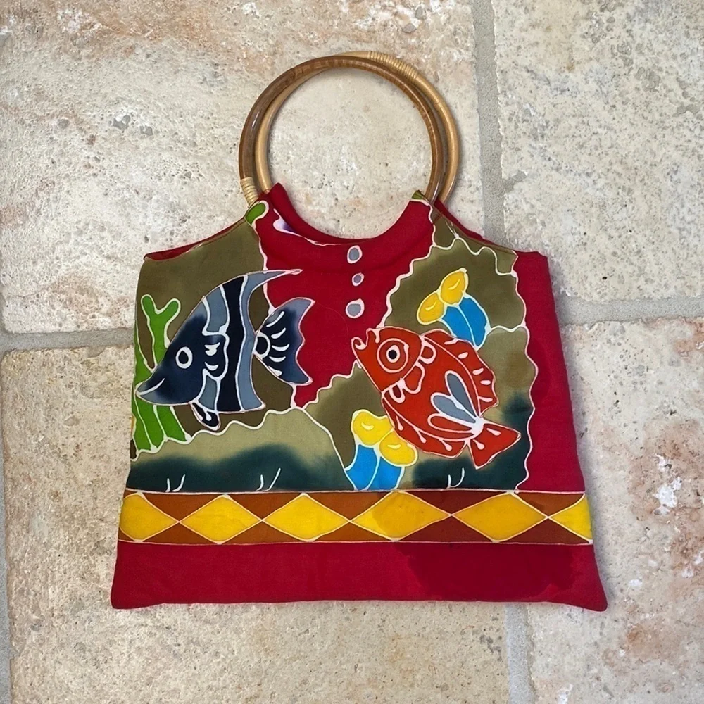 Island Tropical Fish Bag purse tote round Wooden Handles colorful quilted